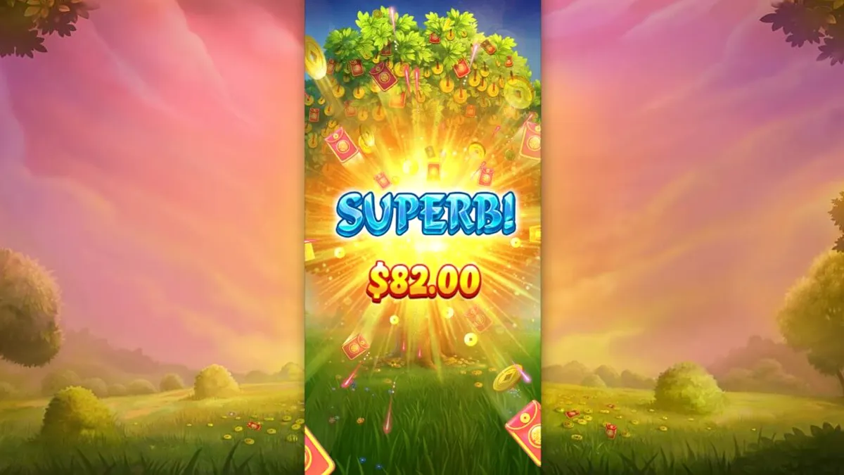 Tampilan visual slot Lucky Fortune Tree dengan tema pohon keberuntungan dan simbol koin emas.