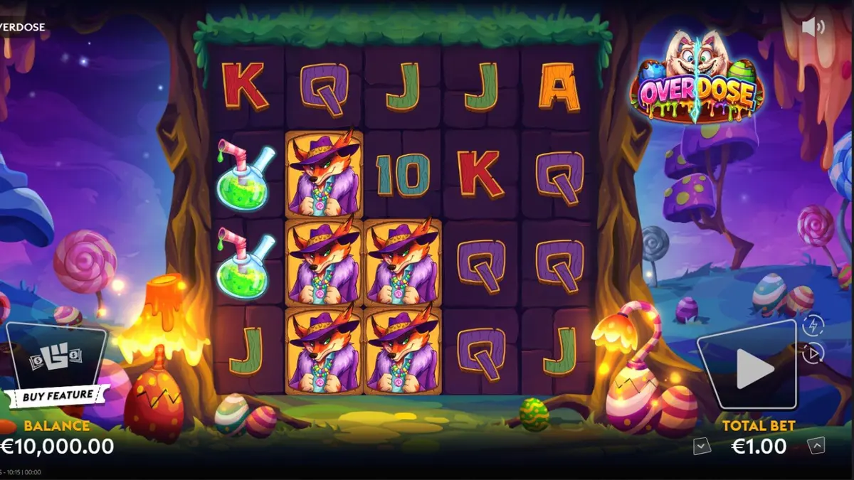 Tampilan visual slot Overdose dengan tema fantasi gelap dan simbol permen